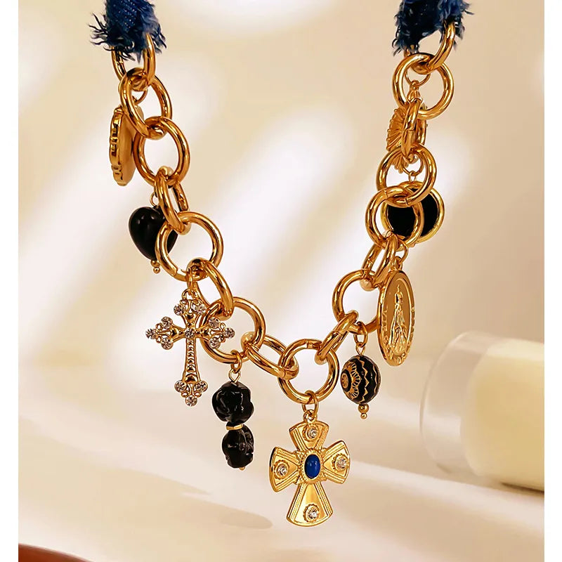 Collar Mezclilla Dijes Varios Cruz