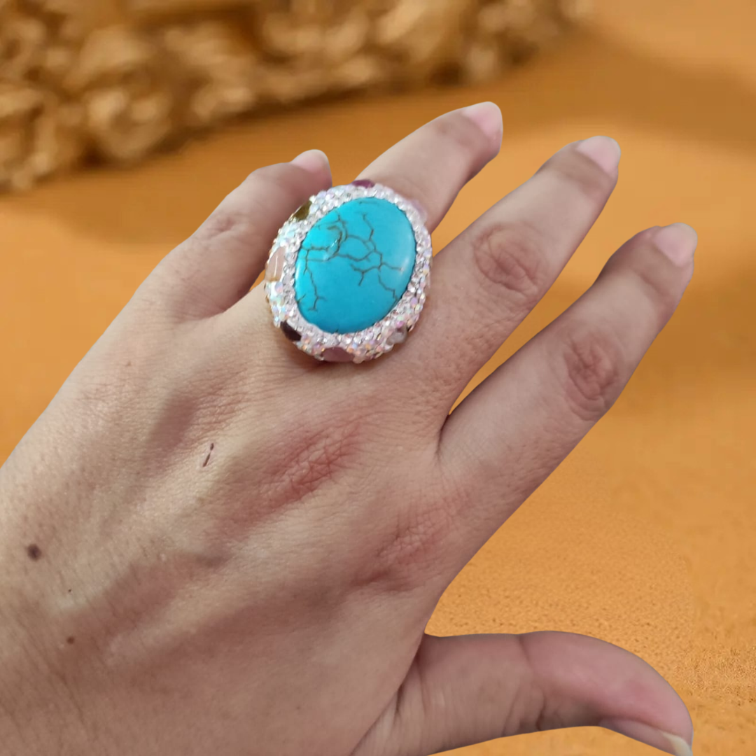 Anillo Dorado Roda Piedra Turquesa y Circón