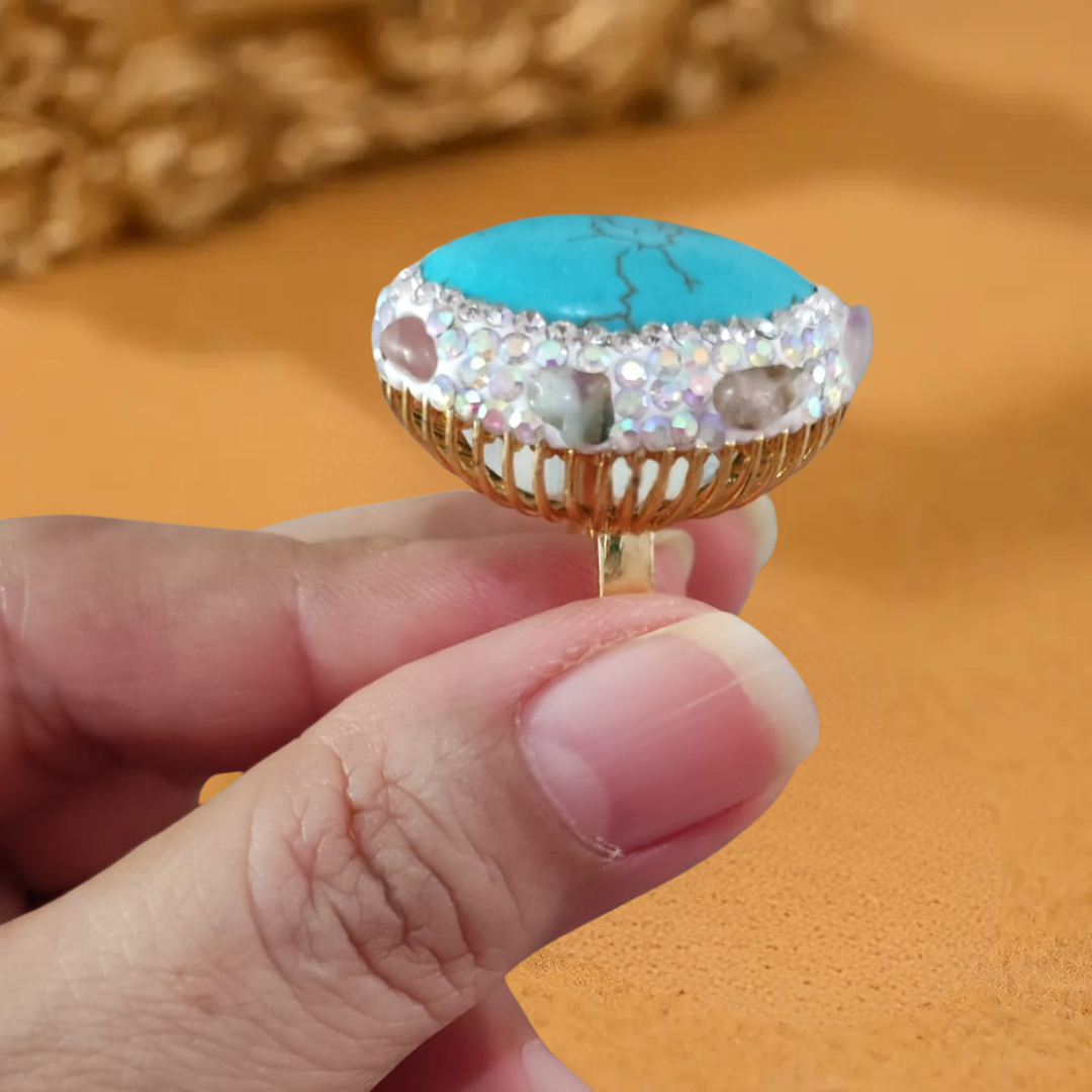 Anillo Dorado Roda Piedra Turquesa y Circón