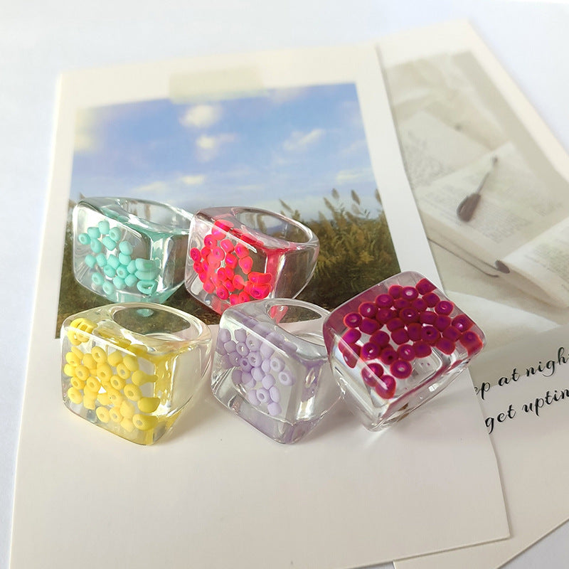 Anillo Resina Cuadrado Transparente Cuencas Verdes T6