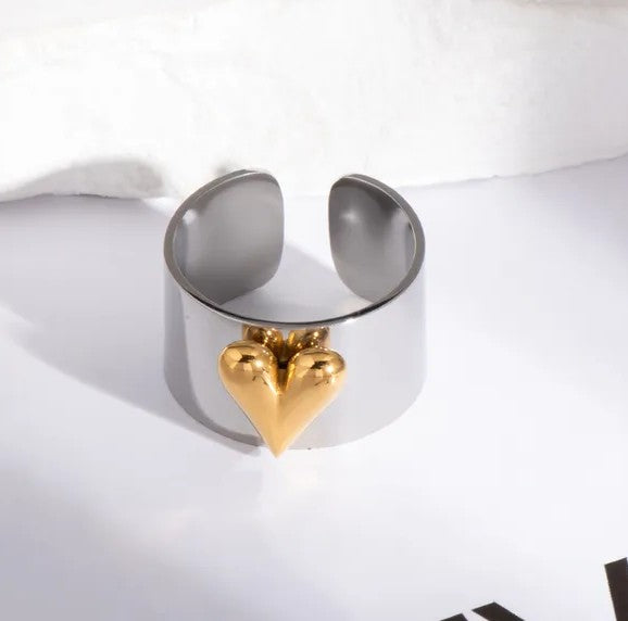Anillo Plateado Dije Corazón Dorado - Ajustable