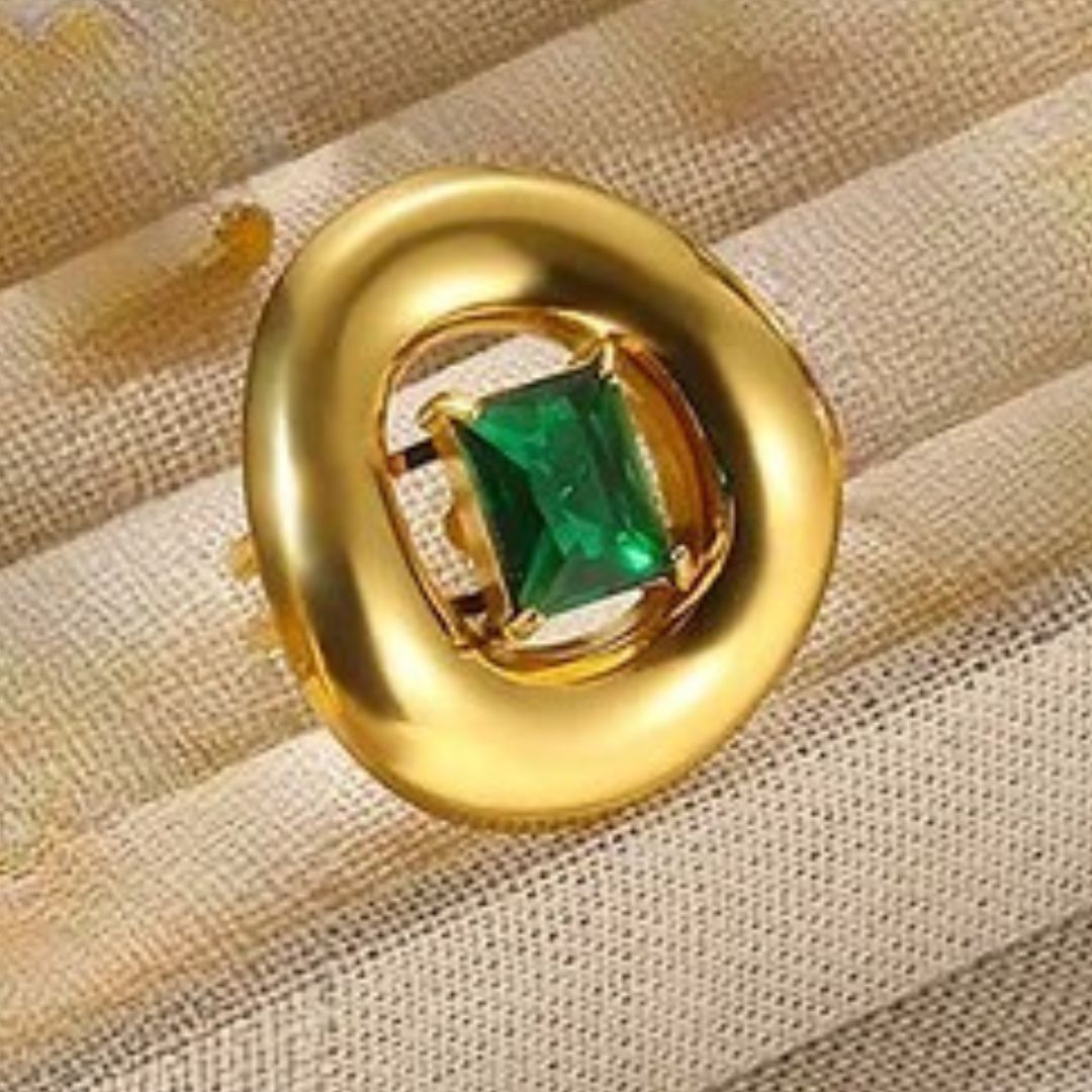 Anillo Dorado Dona Ronda Cristal Verde - Ajustable