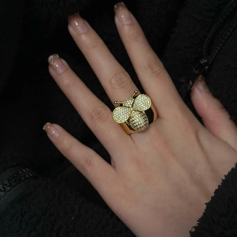 Anillo Dorado Dije Abeja Circón - Talla