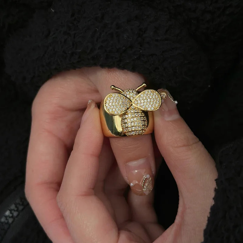 Anillo Dorado Dije Abeja Circón - Talla