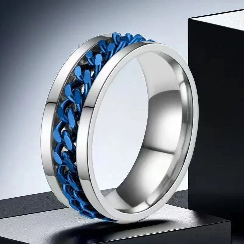 Anillo Color Acero con Cadena Central en Azul - Talla T10 11 12 13