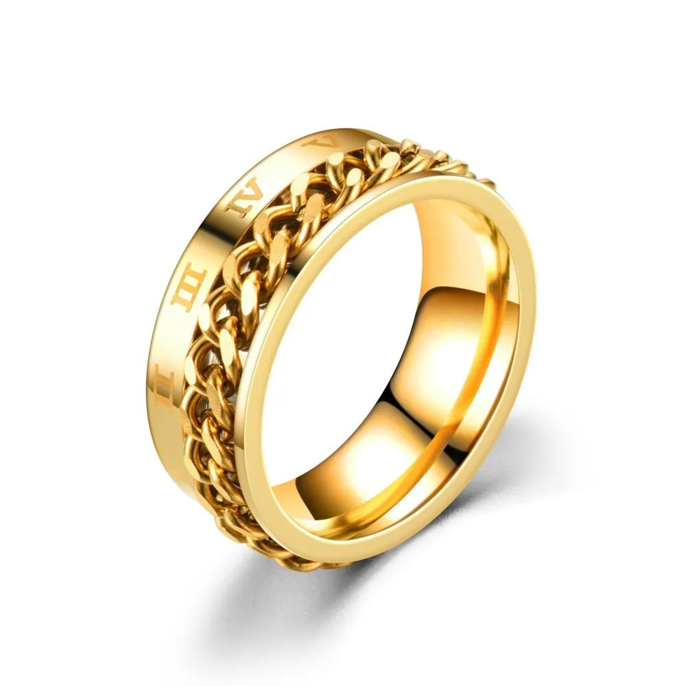 Anillo Color Dorado Número Romanos y Cadena - Talla 07