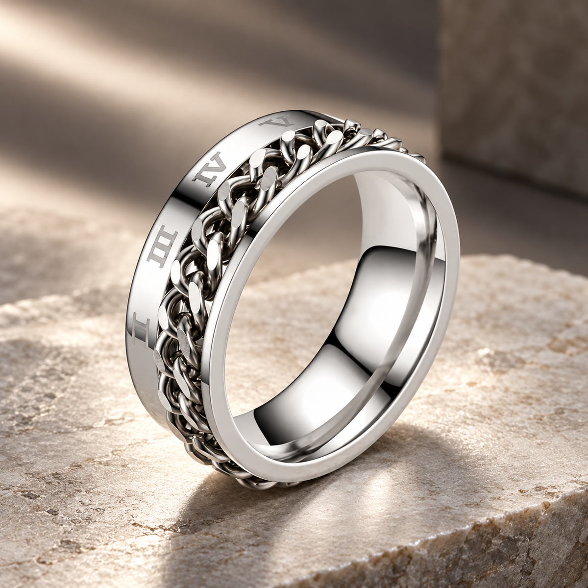 Anillo Color Acero Número Romanos y Cadena - Talla T8 10