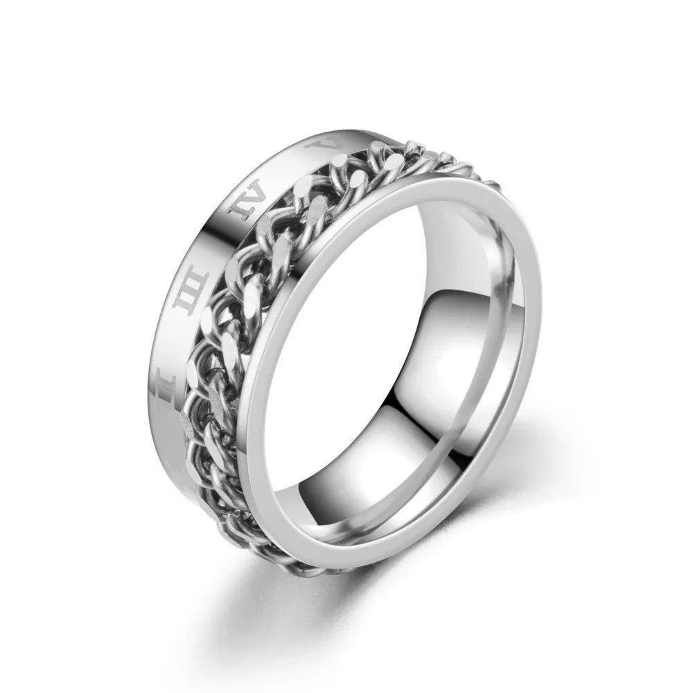 Anillo Color Acero Número Romanos y Cadena - Talla T8 10