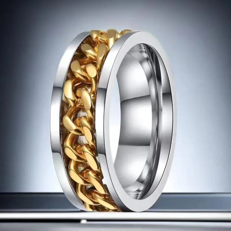 Anillo Color Acero con Cadena Dorada - Talla T09 10 12