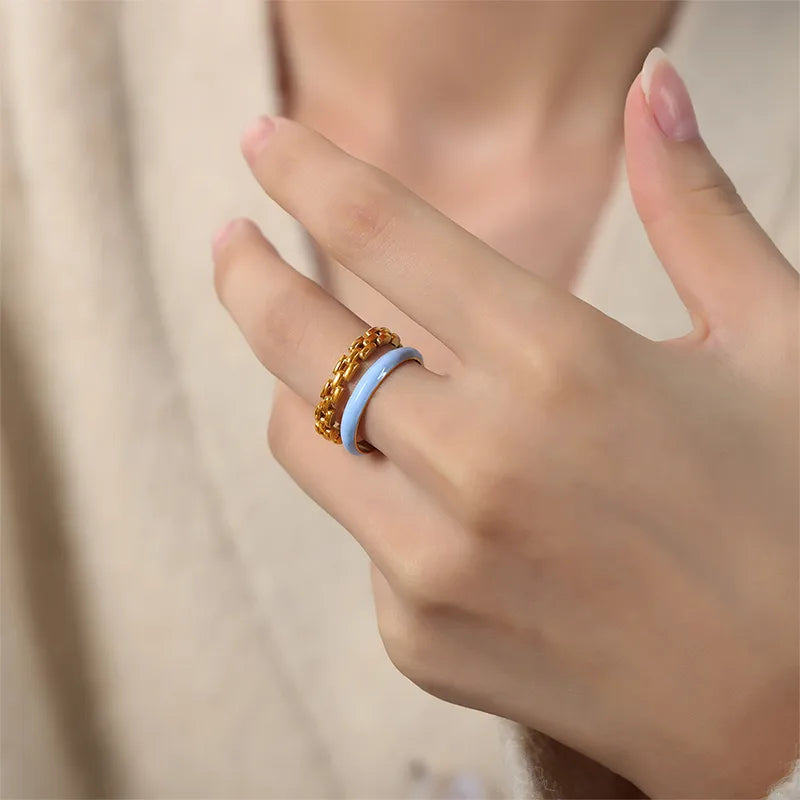 Anillo Doble Dorado y Esmaltado Azul - Talla 07