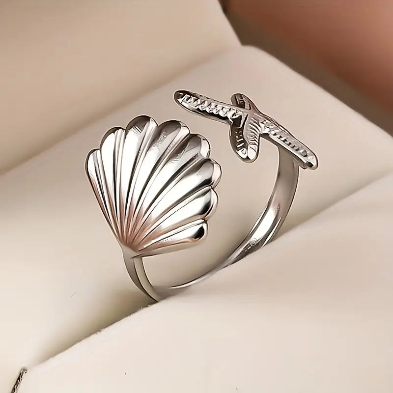 Anillo Plateado Concha y Estrella de Mar Ajustable