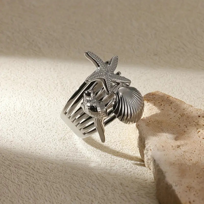 Anillo Plateado Dijes Marinos Ajustable