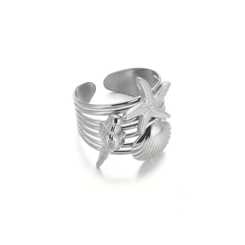 Anillo Plateado Dijes Marinos Ajustable