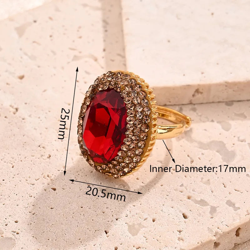 Anillo Dorado con Roda de Cristal Rojo, Circón, Ajustable