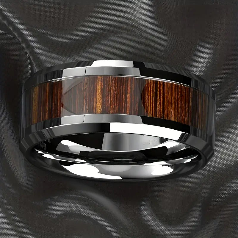Anillo Negro con Incrustación Madera Marrón, Talla 11