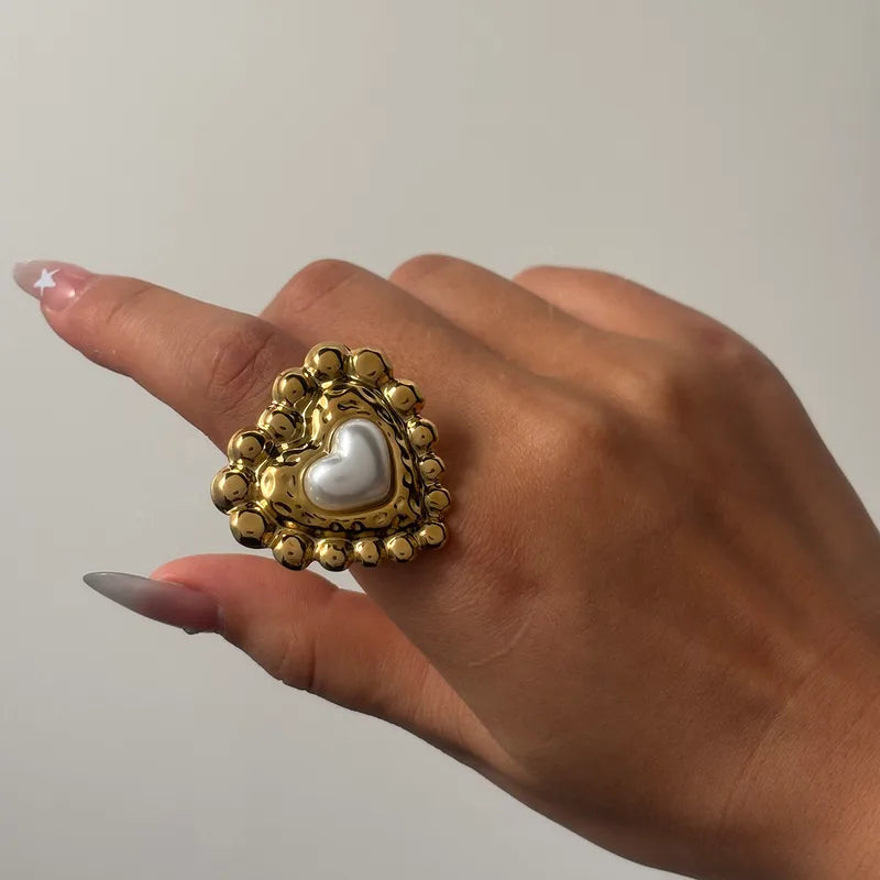 Anillo Dorado y Perla Corazón Barroco, Ajustable