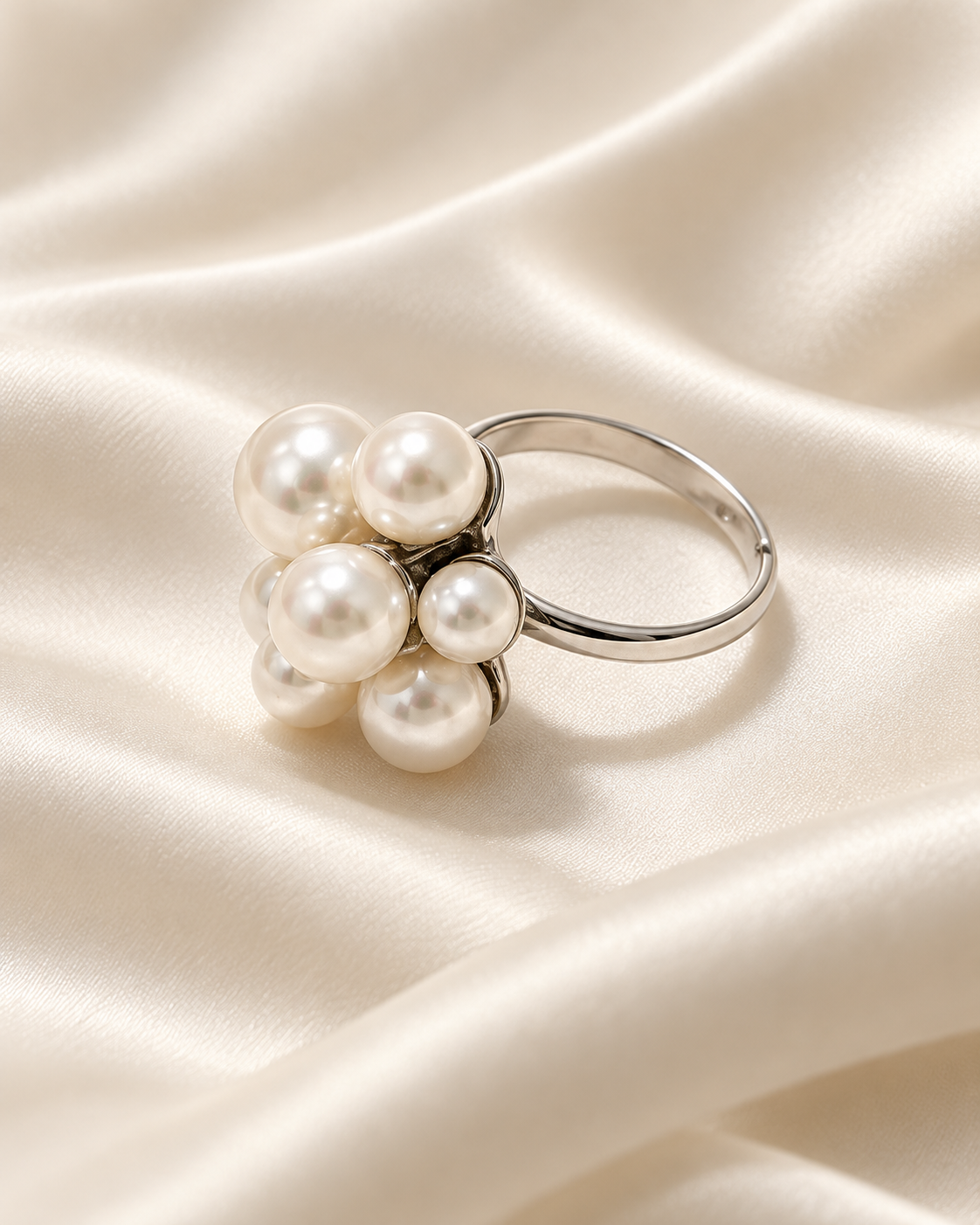 Anillo Plateado Multiperlas - Ajustable