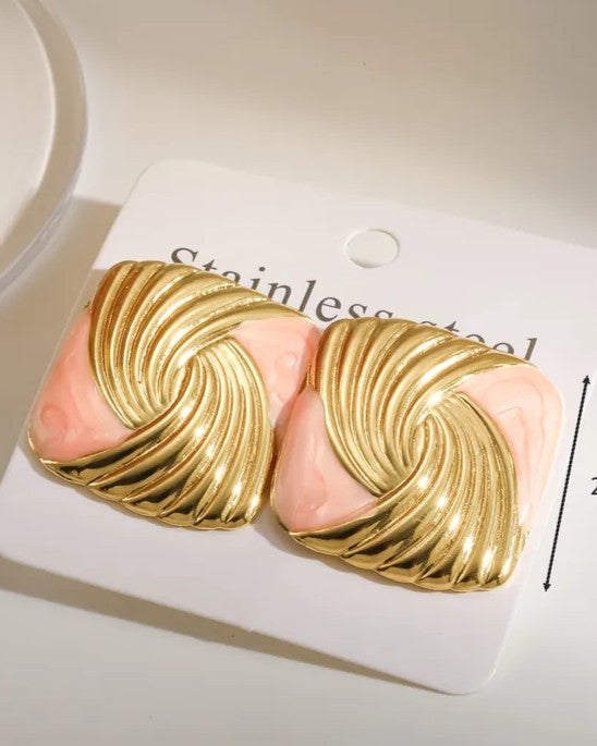 Aretes Cuadrados Dorados Rosa Esmaltados