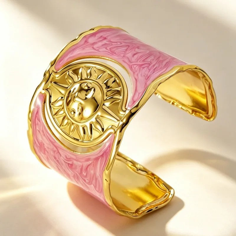 Brazalete Artesal Acero Esmaltado Rosa Patrón Sol