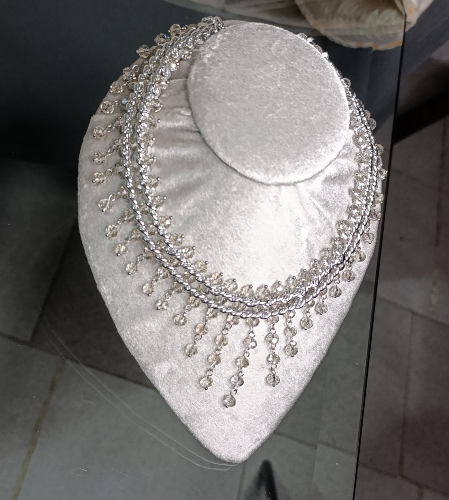 Collar Doble Plateado Cadena con Cristales
