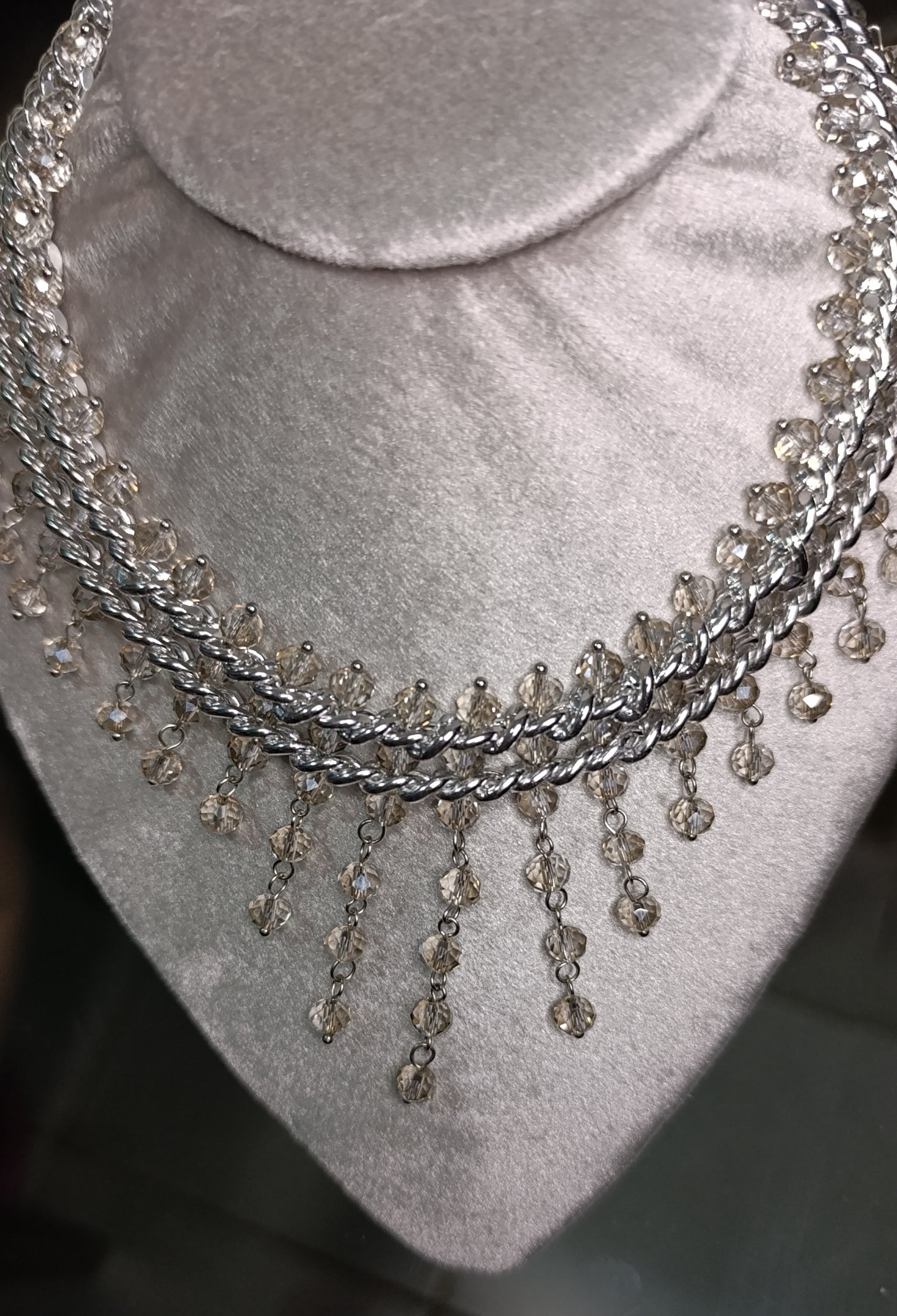 Collar Doble Plateado Cadena con Cristales