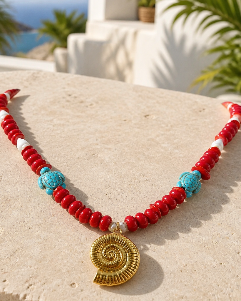 Collar Cuencas Rojas, Caracoles, Tortugas y Dije Caracol