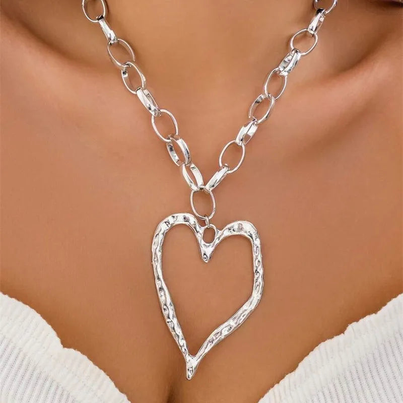 Collar Cadena Plateado Dije Corazón Exagerado