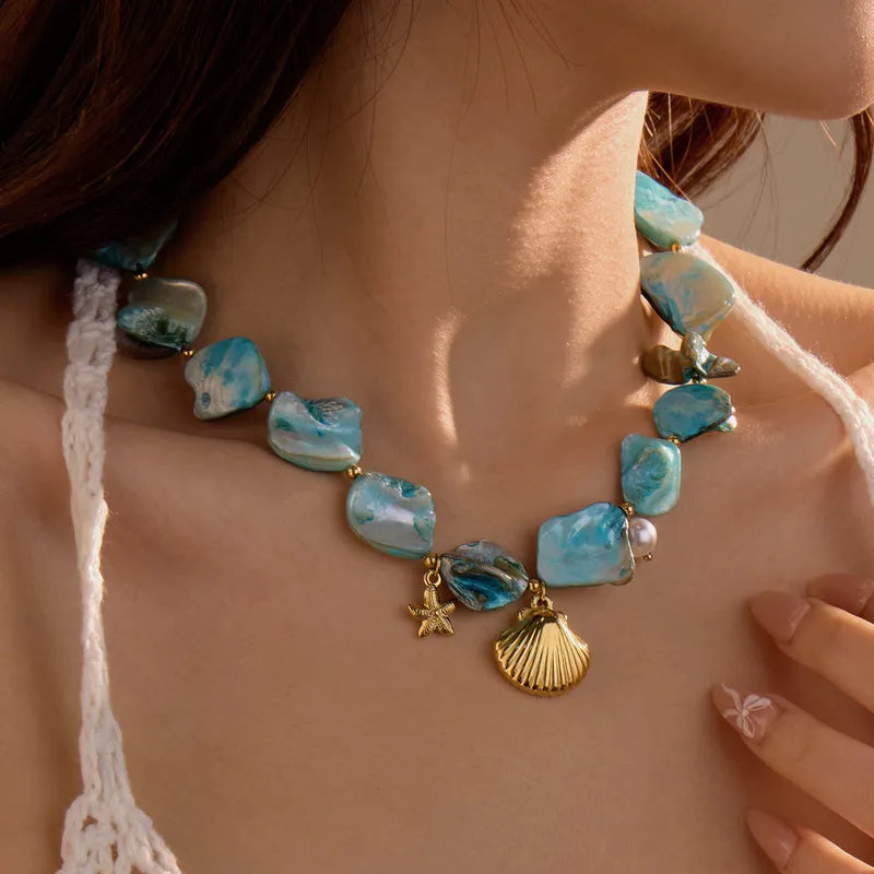 Collar Cuencas Cascarón Azules Dijes Marinos