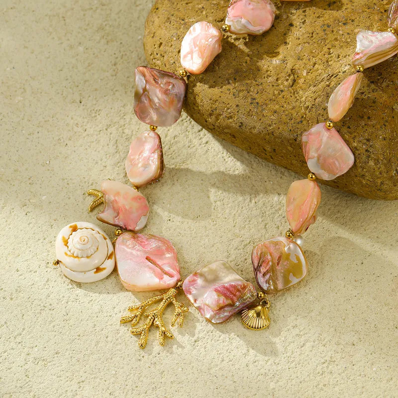 Collar Cuencas Lajas Tonos Rosas Dijes Marinos