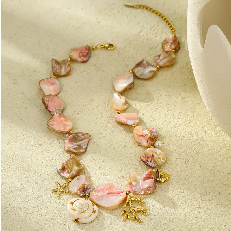 Collar Cuencas Lajas Tonos Rosas Dijes Marinos