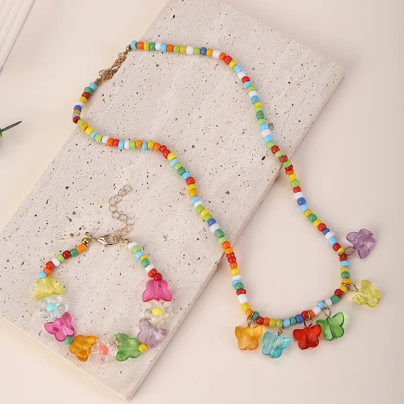 Collar y Pulsera Cuencas Multicolor Dije Mariposas