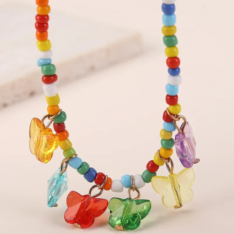 Collar y Pulsera Cuencas Multicolor Dije Mariposas