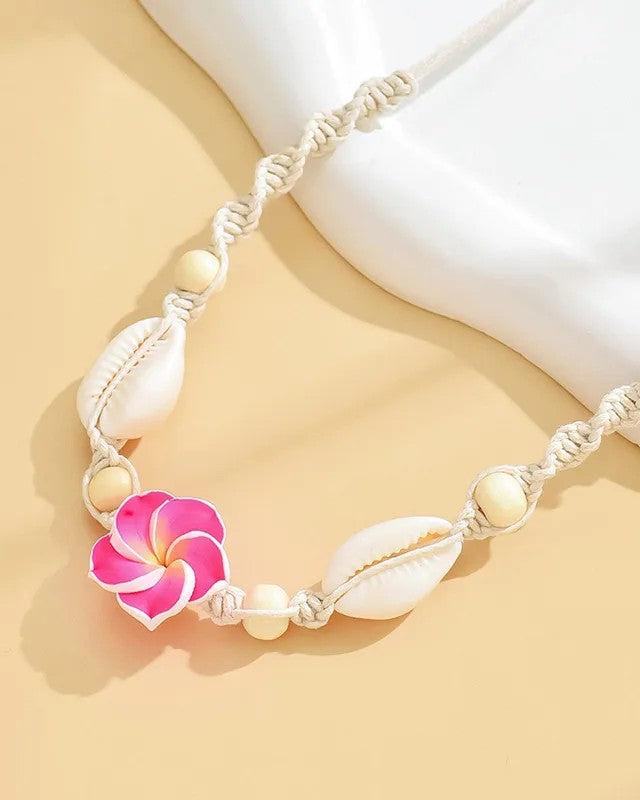 Collar Cordón, Concha y Flor Rosa