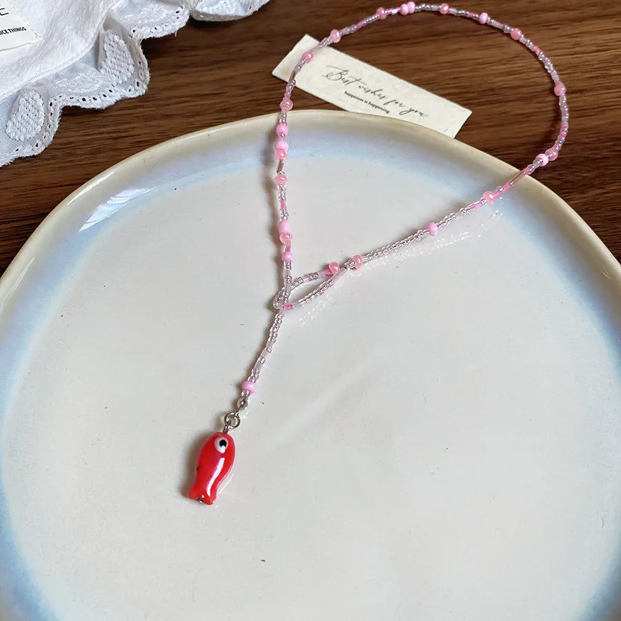 Collar Cuencas Rosados Dije Pez Rojo