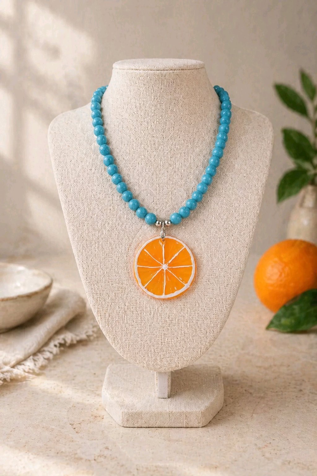 Collar Cuencas Turquesa Dije Naranja