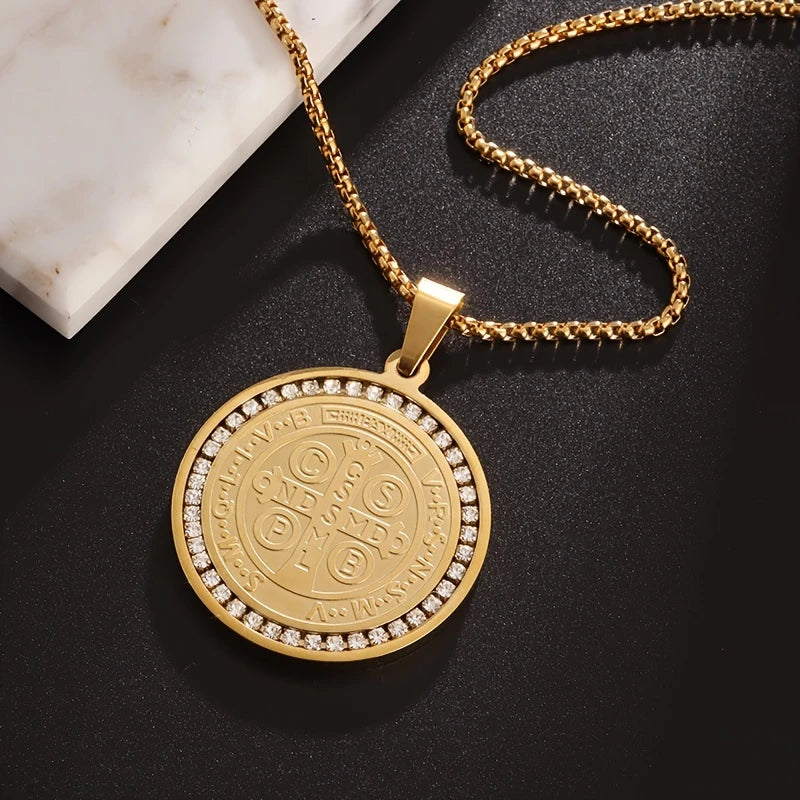 Collar Cadena Dorada Dije Medalla Grande Doble Vista San Benito