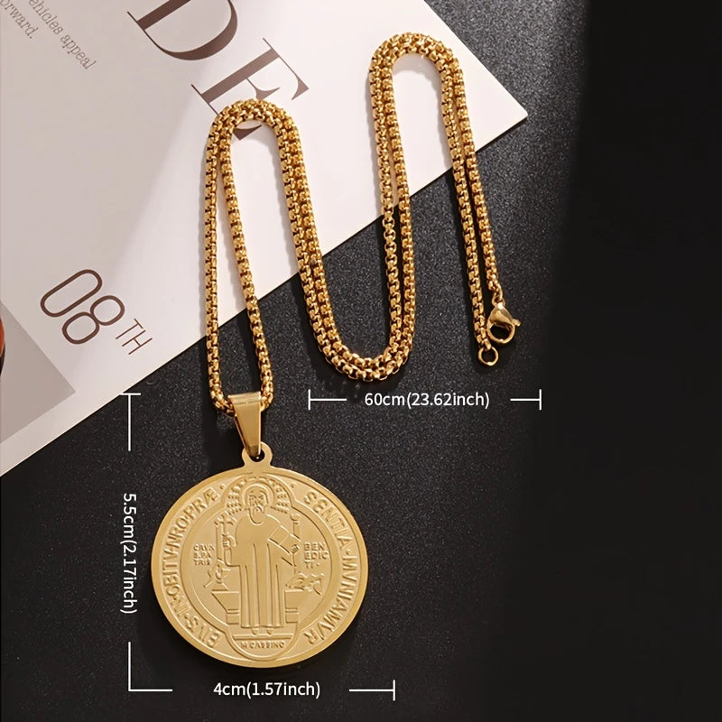 Collar Cadena Dorada Dije Medalla Grande Doble Vista San Benito