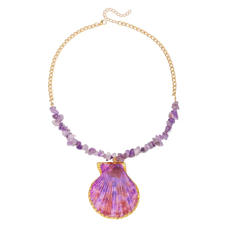 Collar Cadena Dorada y Lajas Púrpura Dije Concha Mar