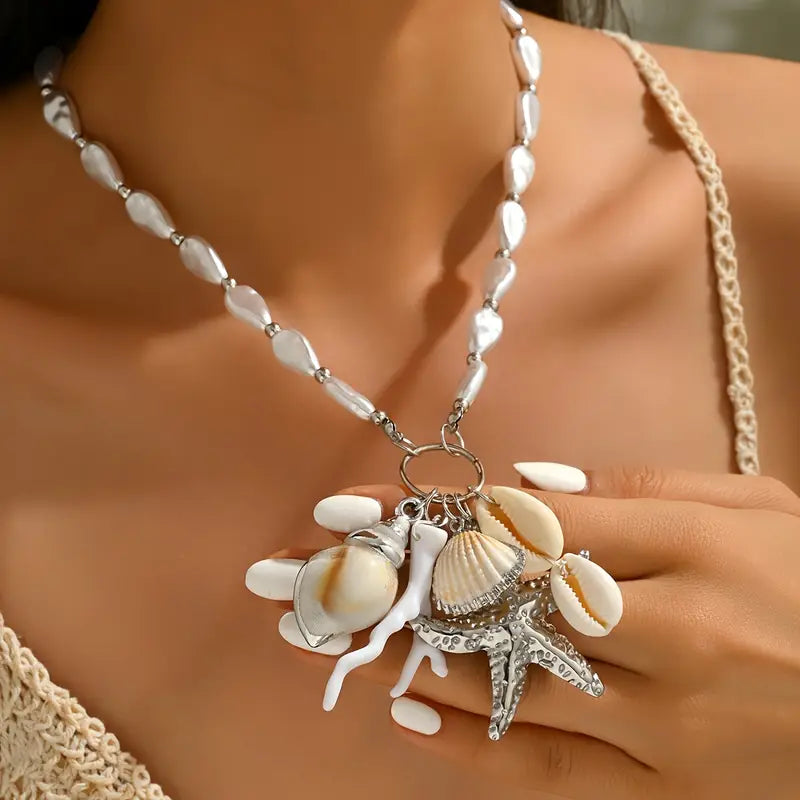 Collar Cuencas Perlas Blancas Dijes Marinos