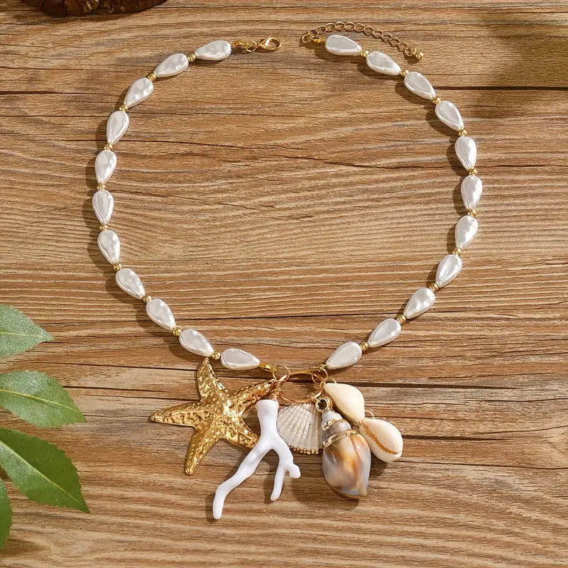 Collar Cuencas Perlas Blancas Dijes Marinos