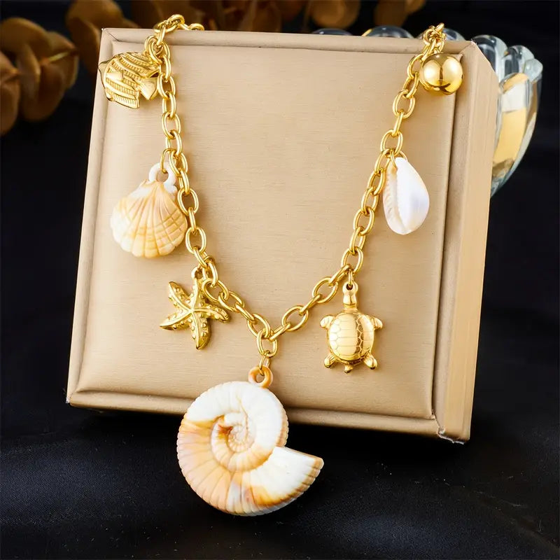 Collar Cadena Dorada Dije Caracol y Marinos