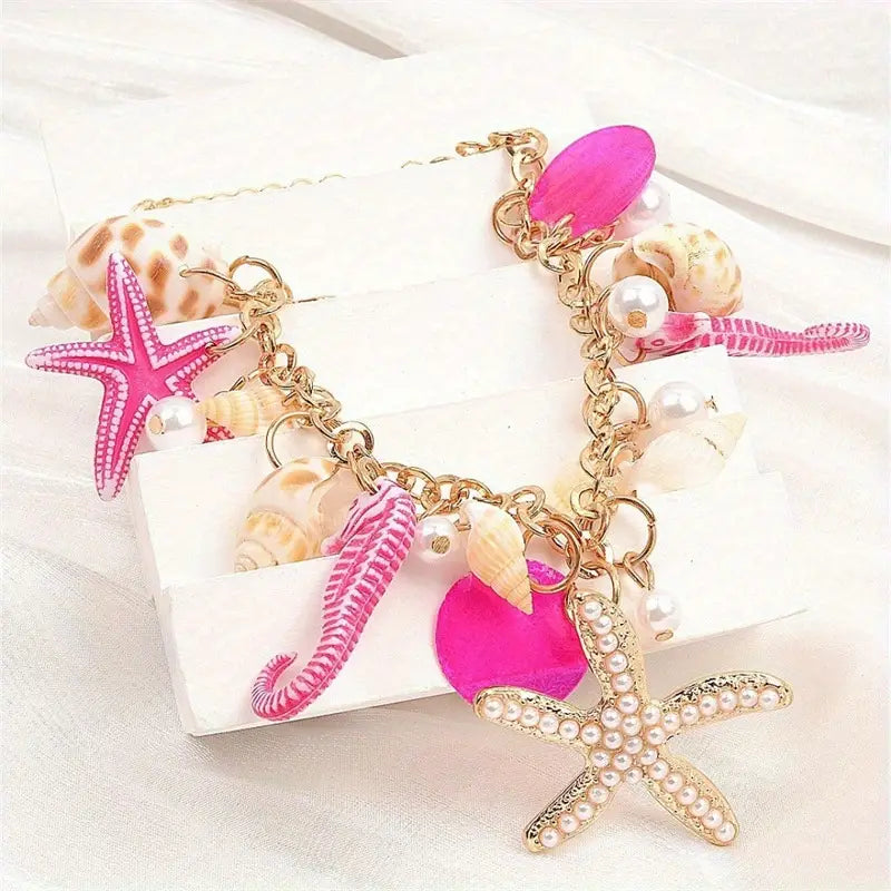 Collar Cadena Dorada Dijes Varios Marinos Tonos Rosa
