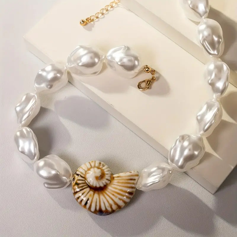 Collar Boho Cuencas Perlas Blancas Dije Caracol