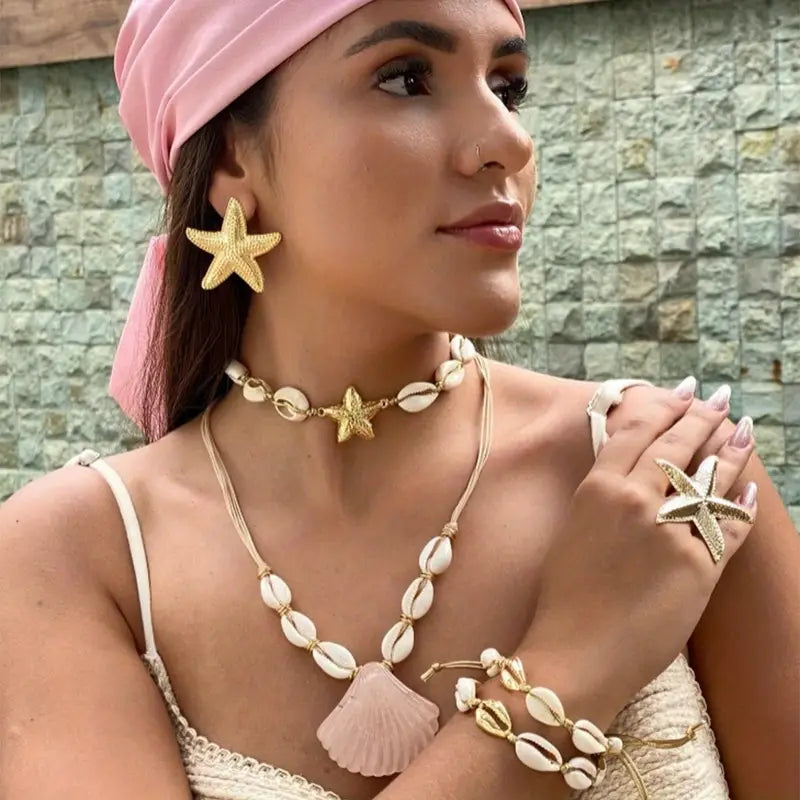 Collar Doble Conchas Dijes Estrella Mar y Concha Rosada
