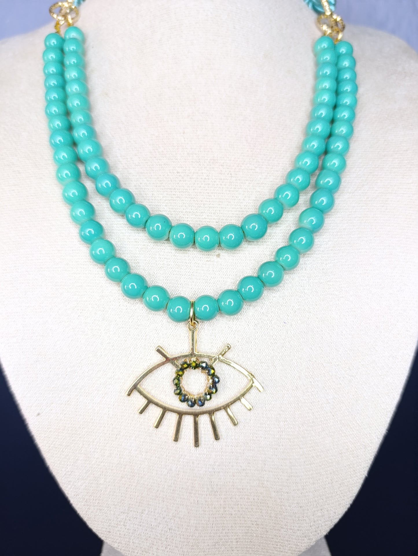 Collar Cordón y Cuencas Dobles Turquesa Dije Ojo Turco