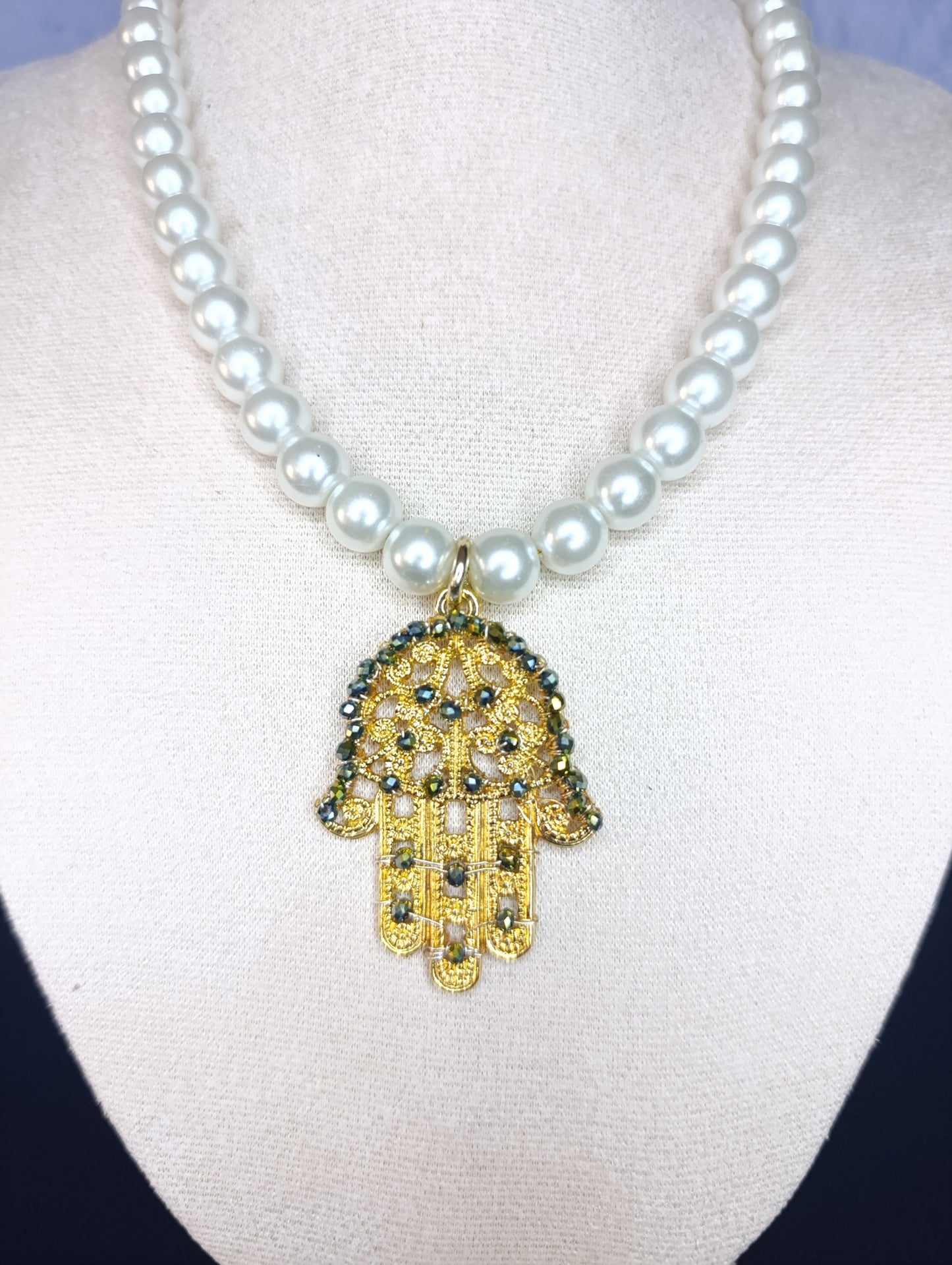 Collar Perlas Cristal Dije Mano Fátima