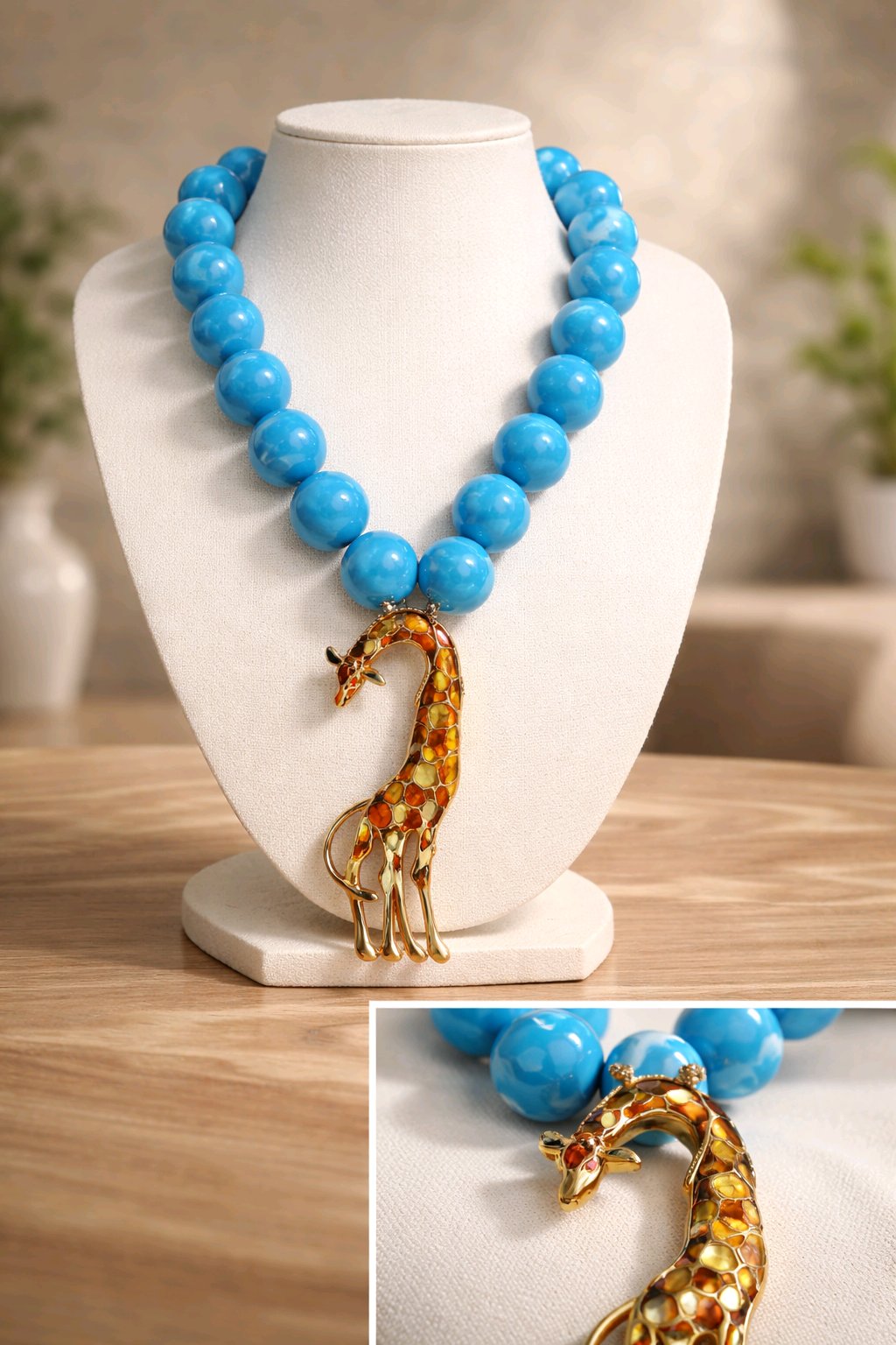 Collar Perlas Azules Dije Jirafa Café