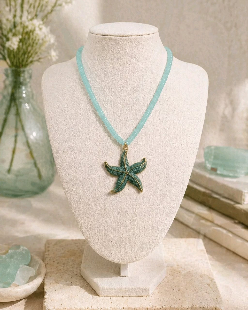 Collar Cuencas Plasticas Turquesa Dije Estrella Mar Verde Dorado