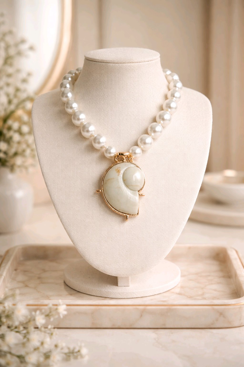 Collar Cuencas Perlas Blancas Dije Nautilus Blanco Dorado