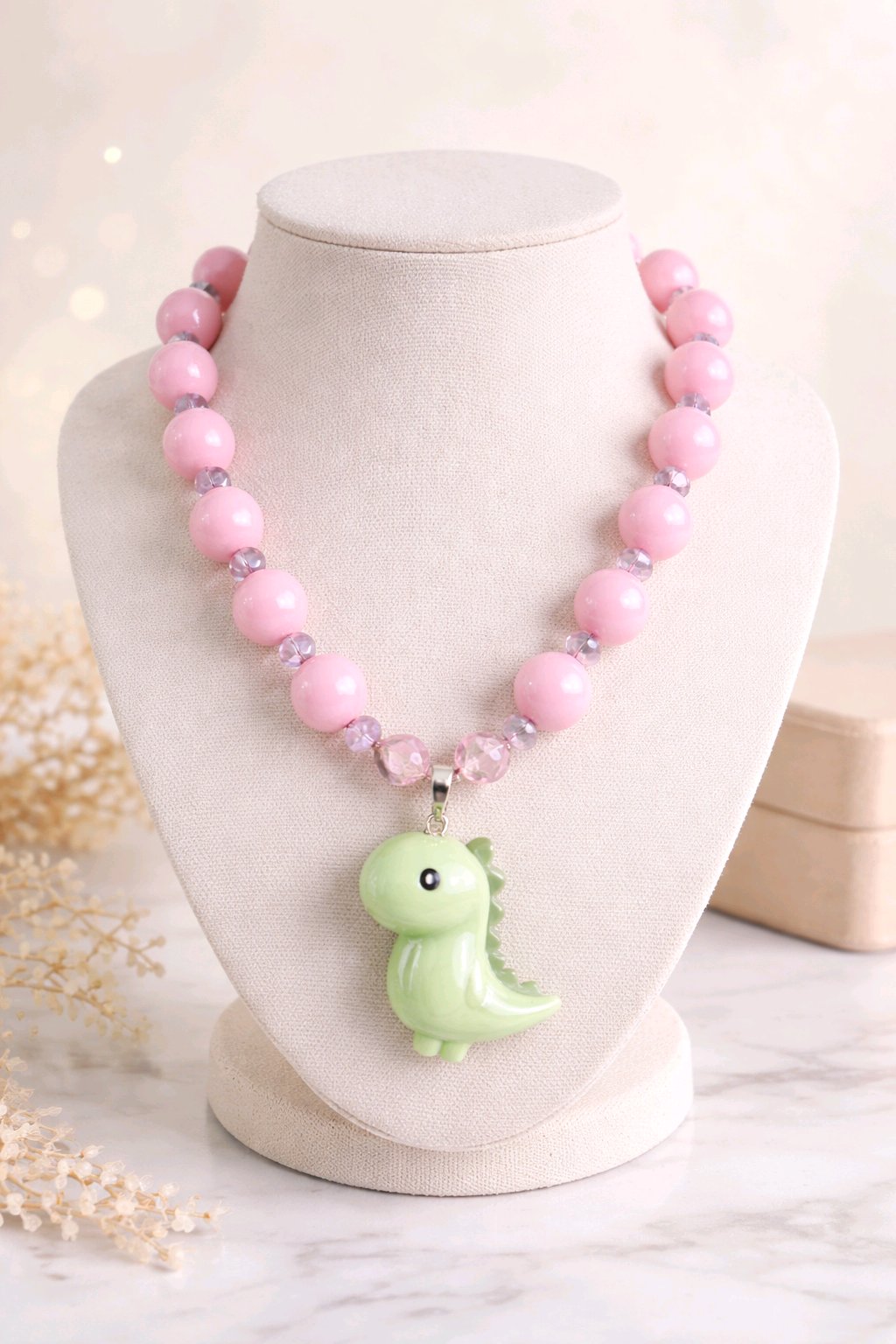 Collar Cuencas Rosadas Dije Dinosaurio Verde